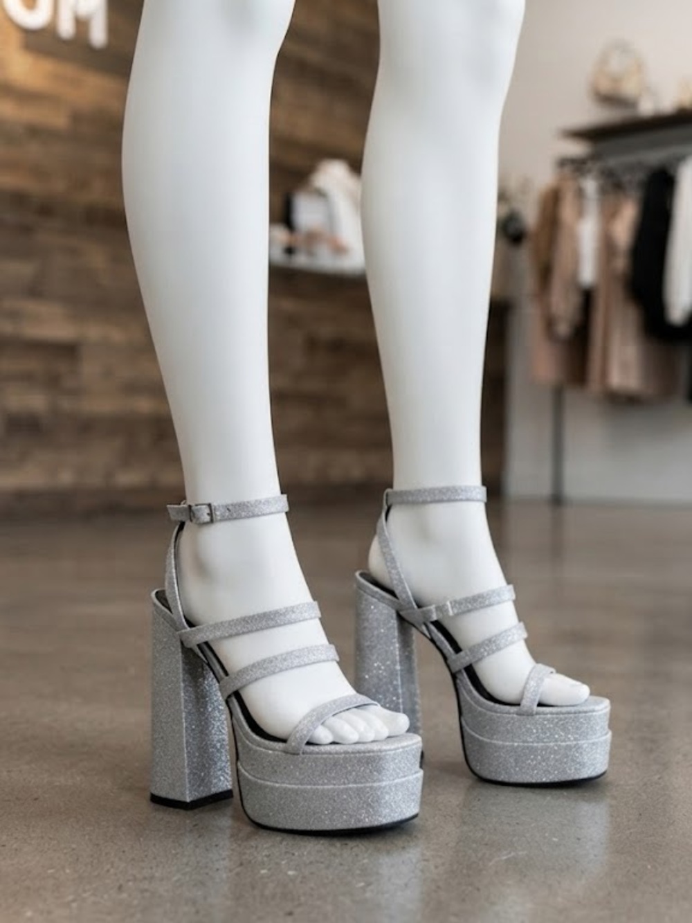 Nasty Gal Silver Glitter Multi Strap Square Toe Platform Heels S 39 / US 8-8.5